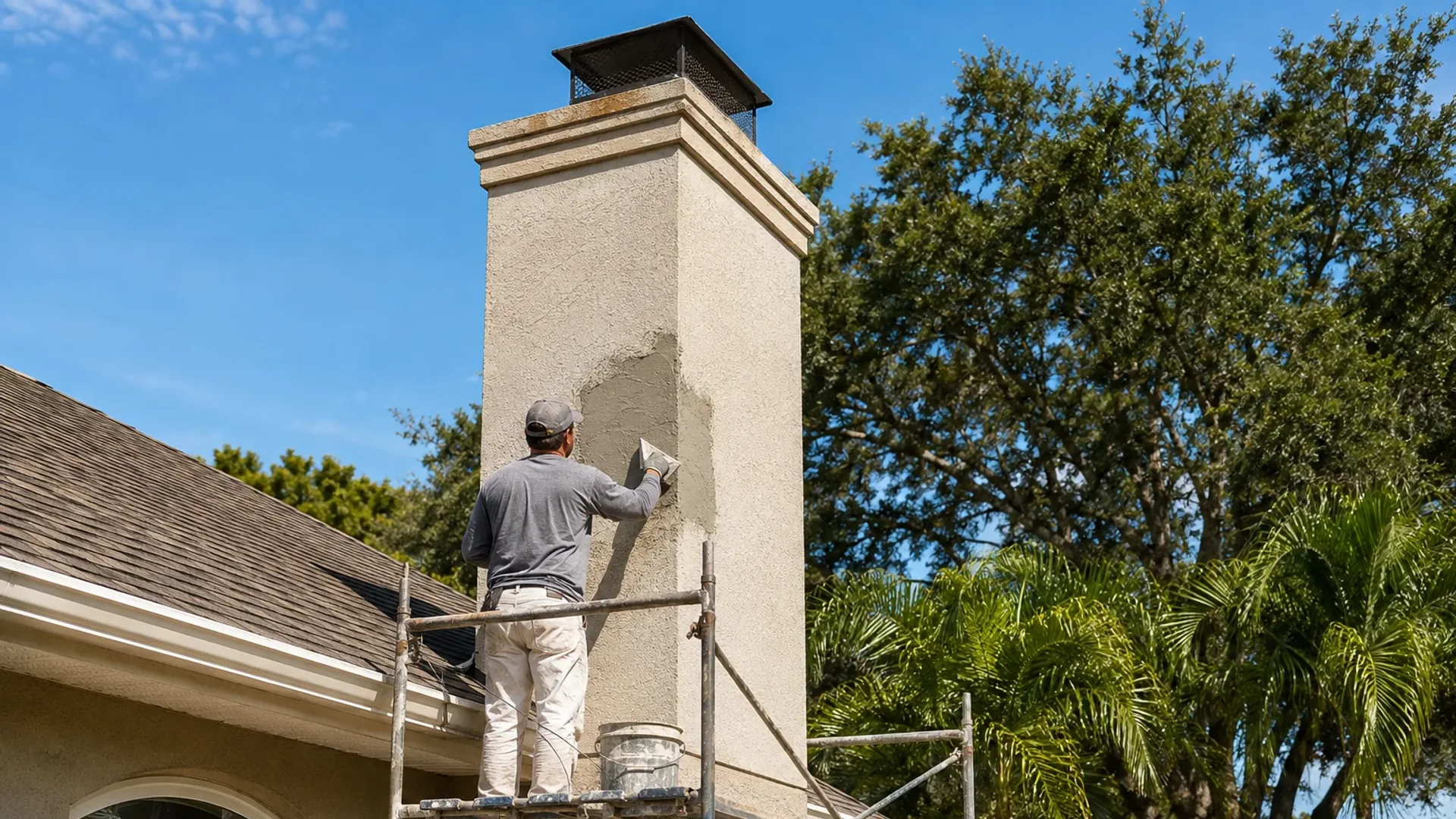 A worker on a roof-level scaffold plank troweling fresh stucco onto the side of a chimney chase, patching a section where the old finish had deteriorated.