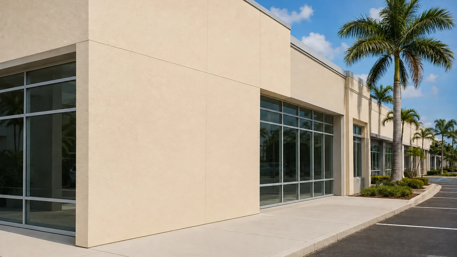 A finished commercial building exterior with a clean stucco facade, storefront glazing, and evenly spaced control joints running vertically and horizontally across the wall.