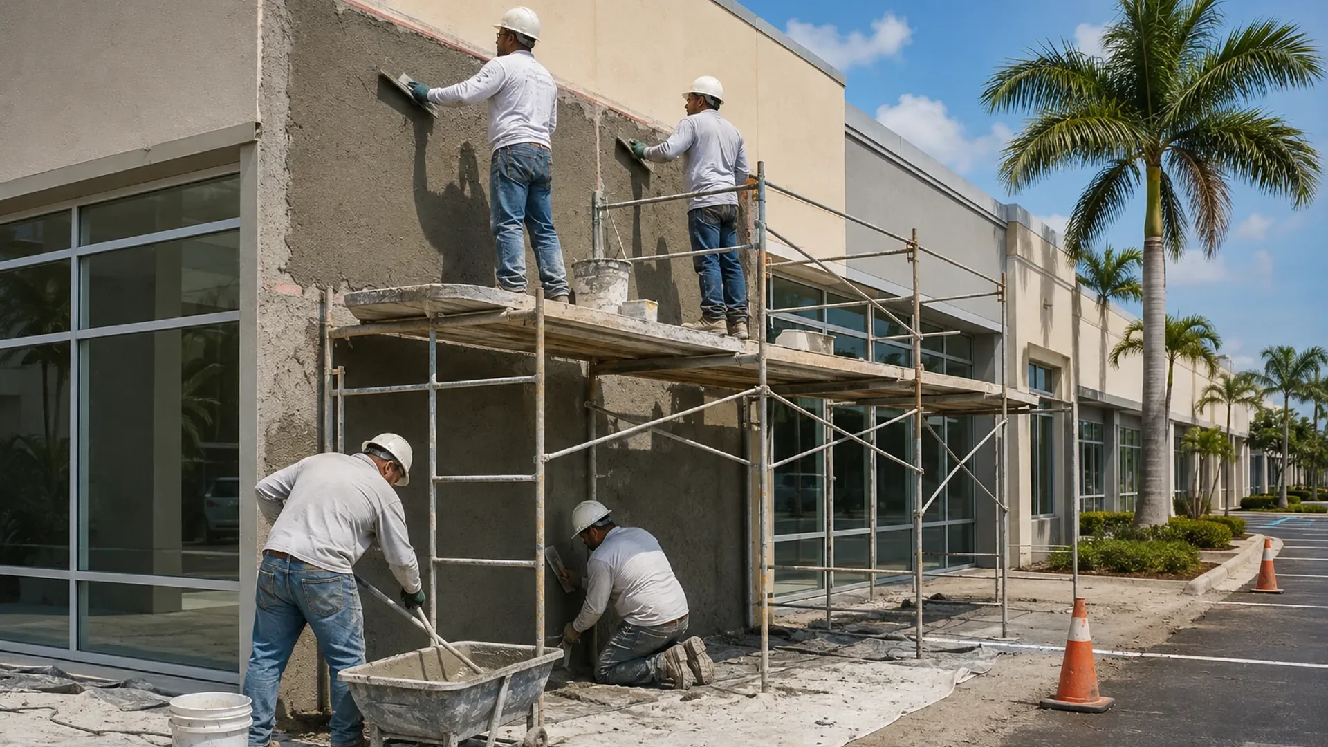 Four workers repairing the stucco facade of an occupied commercial plaza. Scaffolding stands over a covered walkway, drop cloths protect the sidewalk, and traffic cones separate the work area from the parking lot.