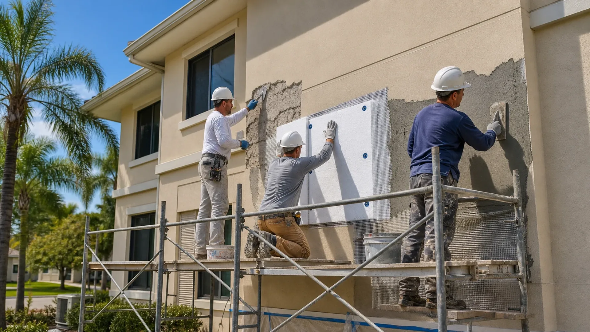 Three workers on scaffolding repairing an EIFS wall. The open section shows the layers: rigid foam board fastened to the substrate, reinforcing mesh over it, and base coat being troweled across the mesh.