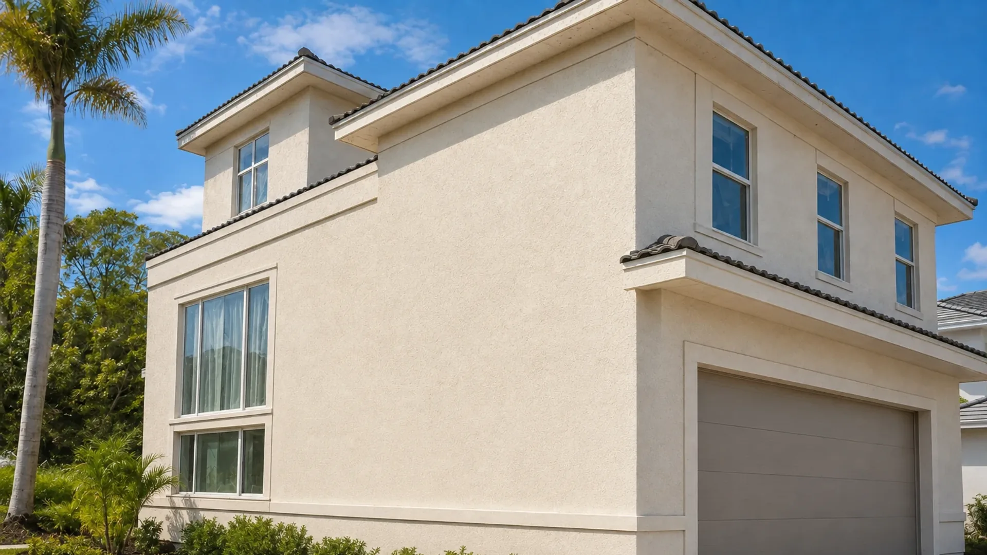 The same new two-story house after the stucco is finished and painted, showing a smooth even wall plane, banding above the foundation, and a clean corner return at the garage.