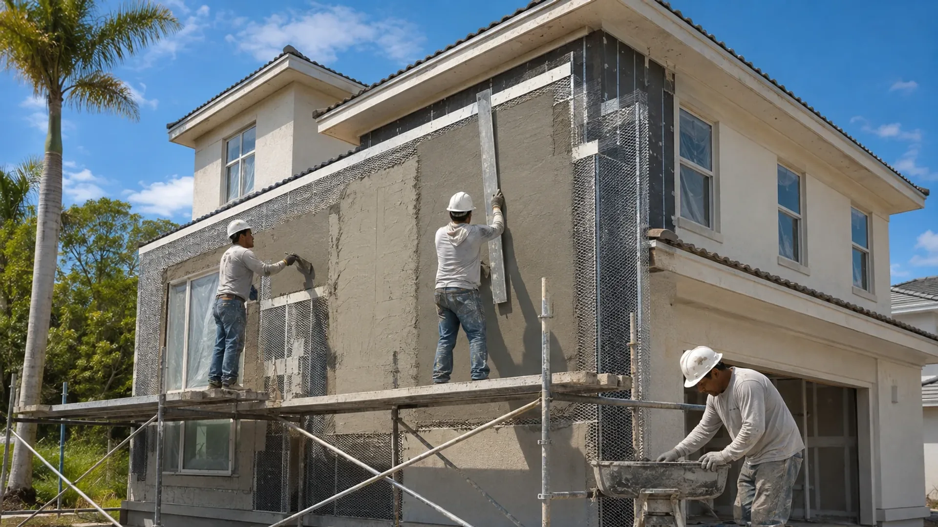 Two workers on scaffolding applying scratch coat to a new two-story house. Metal lath covers the upper portion of the wall and a third worker mixes stucco in a tub below.