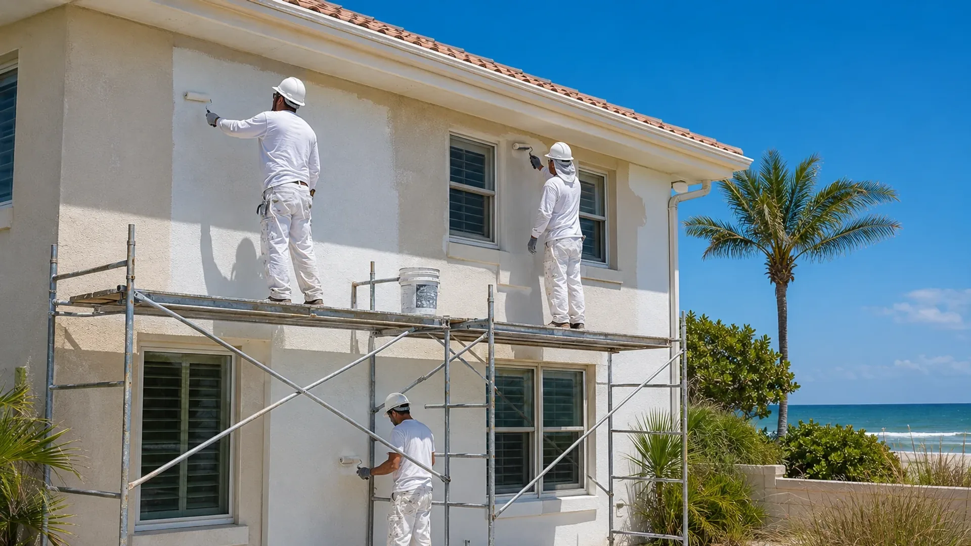 Three painters on scaffolding rolling coating onto the stucco walls of a two-story house, with the ocean and beach dune visible just beyond the property line.