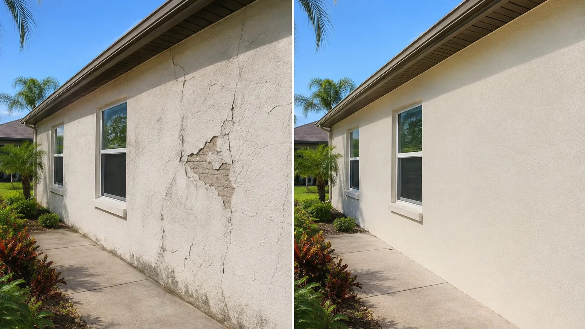 Side-by-side comparison of a stucco wall: on the left, cracking with a section broken away to expose the block behind it; on the right, the same wall patched, textured, and painted.