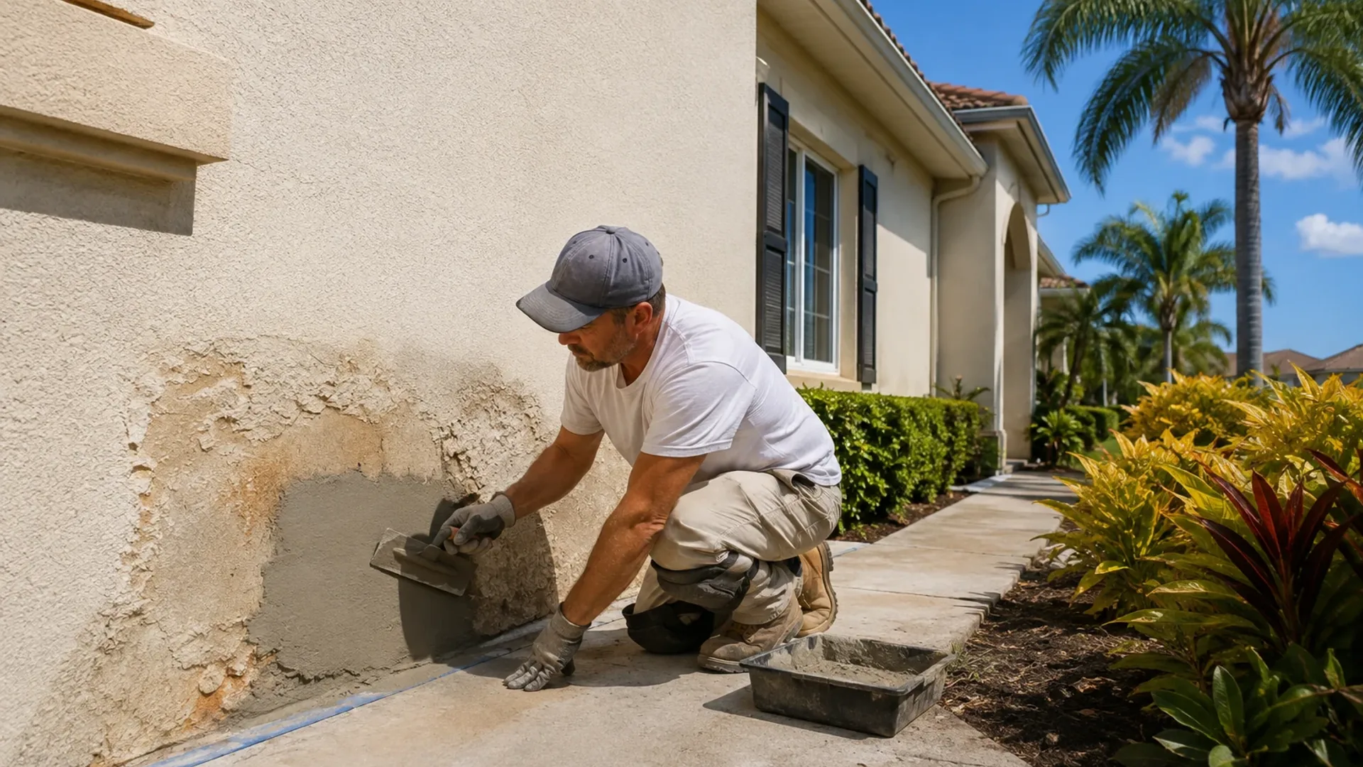 A worker kneeling at the base of a stucco wall, troweling fresh base coat over a cut-out section. The surrounding stucco shows brown staining and crumbling at the bottom edge where water has tracked down.